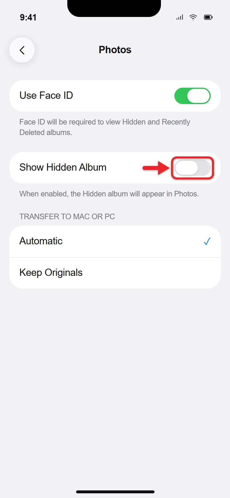 How to Hide a Picture on iPhone 13 (and Newer iPhones) 3 Photos settings with Show Hidden Album and Use Face ID switches