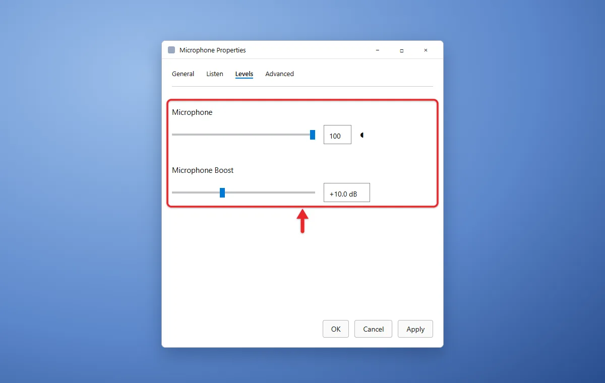 How to Increase Mic Volume in Windows 11 2 Levels tab of Microphone Properties showing Microphone Boost