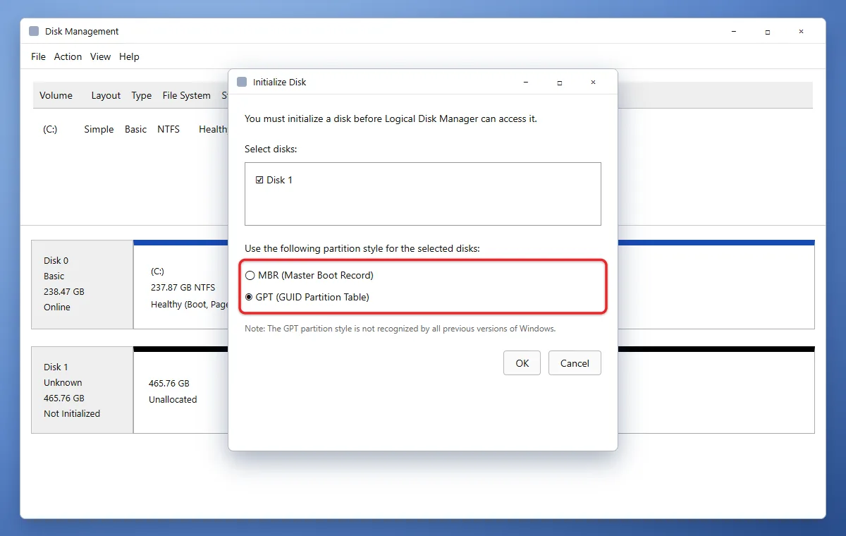 How to Initialize an SSD in Windows 11 1 Disk Management Initialize Disk dialog with GPT selected