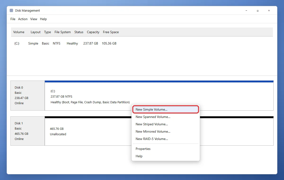 How to Initialize an SSD in Windows 11 2 New Simple Volume option on unallocated space in Disk Management