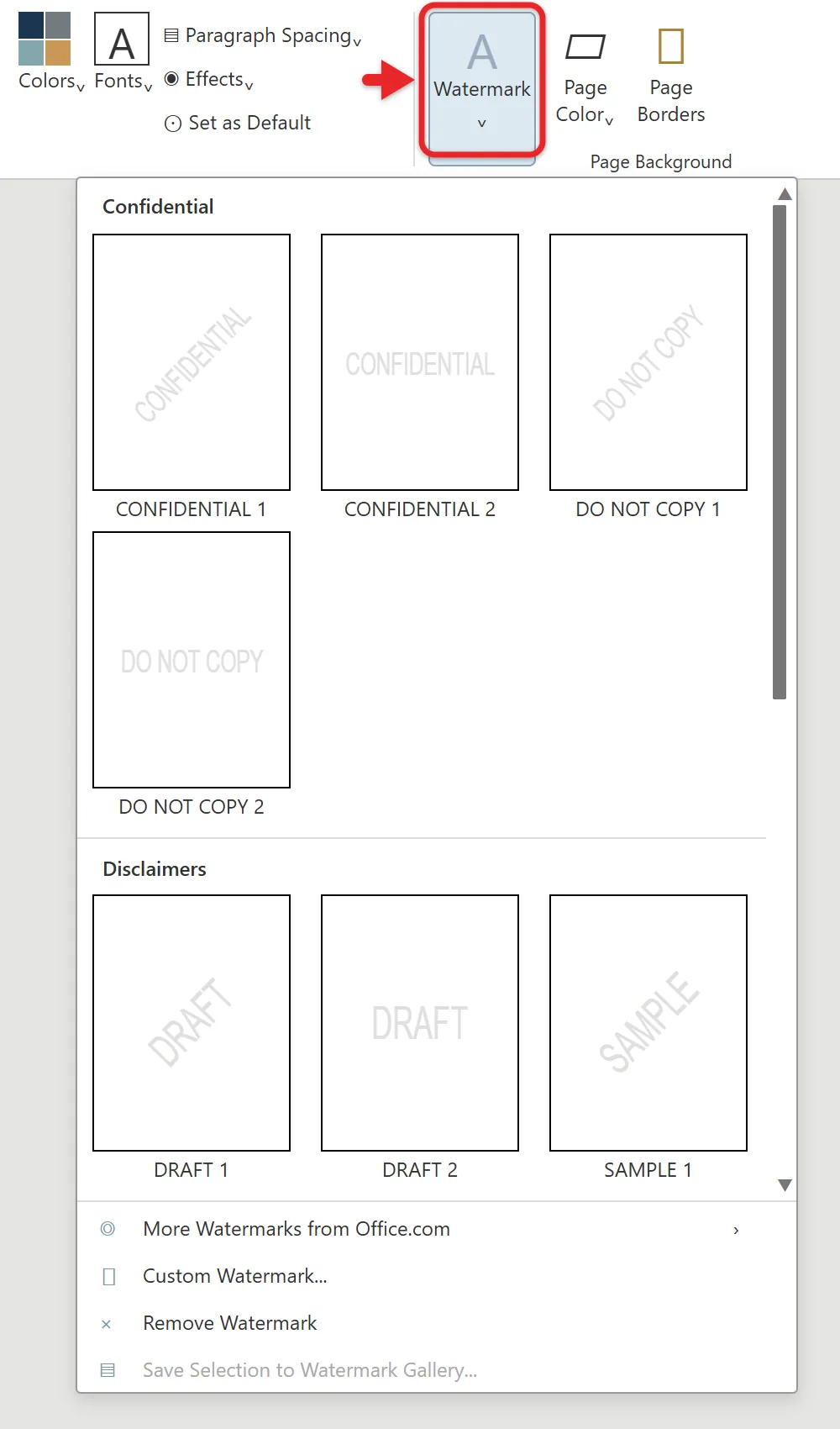 How to Insert a Watermark in Word 1 Word Design tab with the Watermark gallery open showing Confidential, Do Not Copy and Draft watermarks