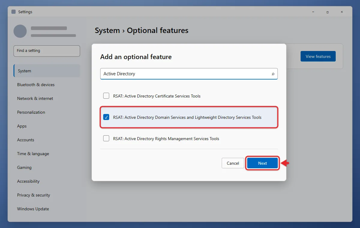 How to Install ADUC on Windows 11 1 Windows 11 optional features list with the RSAT Active Directory tools item checked