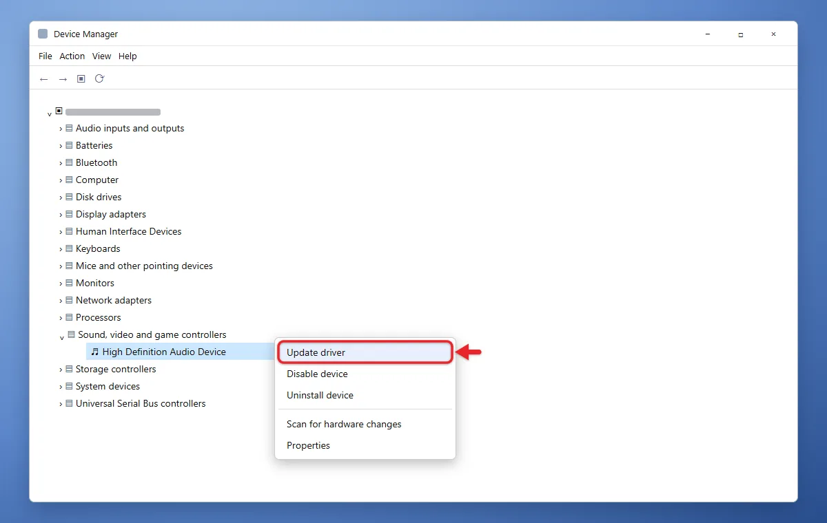 How to Install an Audio Driver in Windows 11 3 Device Manager with Sound, video and game controllers expanded and Update driver in the right-click menu