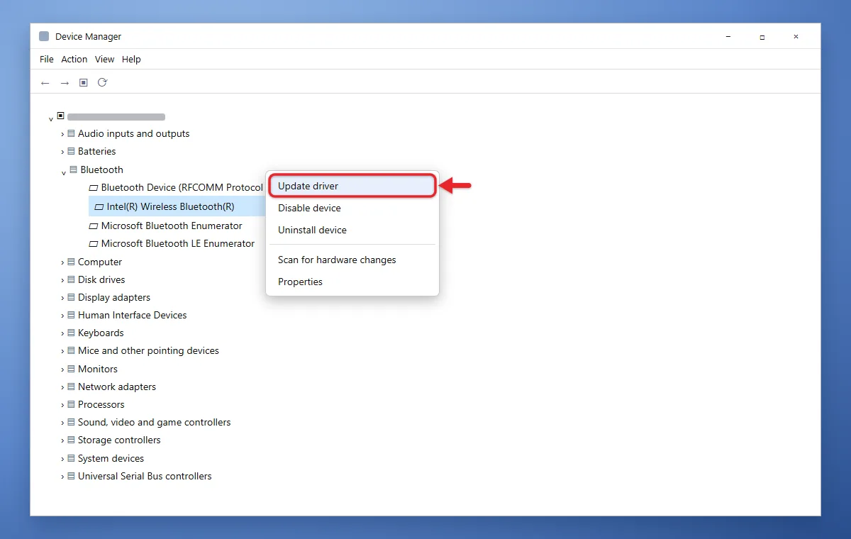 How to Install a Bluetooth Driver in Windows 10 3 Device Manager with Bluetooth expanded and Update driver in the adapter menu