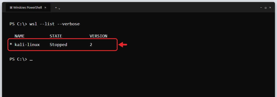 PowerShell output of wsl --list --verbose listing kali-linux with version 2
