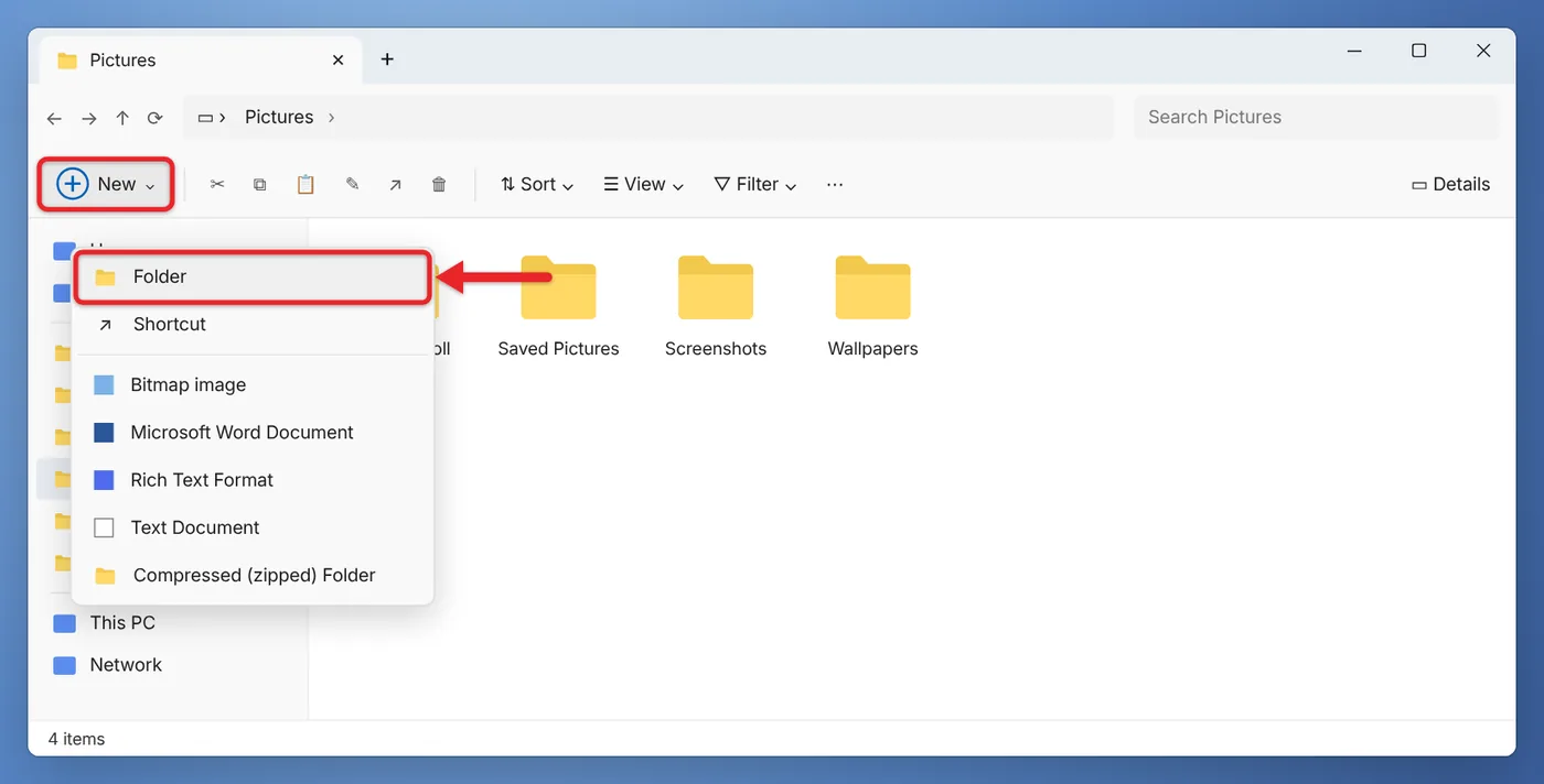 How to Make a GIF Folder on Windows 11, iPhone, and Android 1 File Explorer in Windows 11 with the New menu open and Folder selected