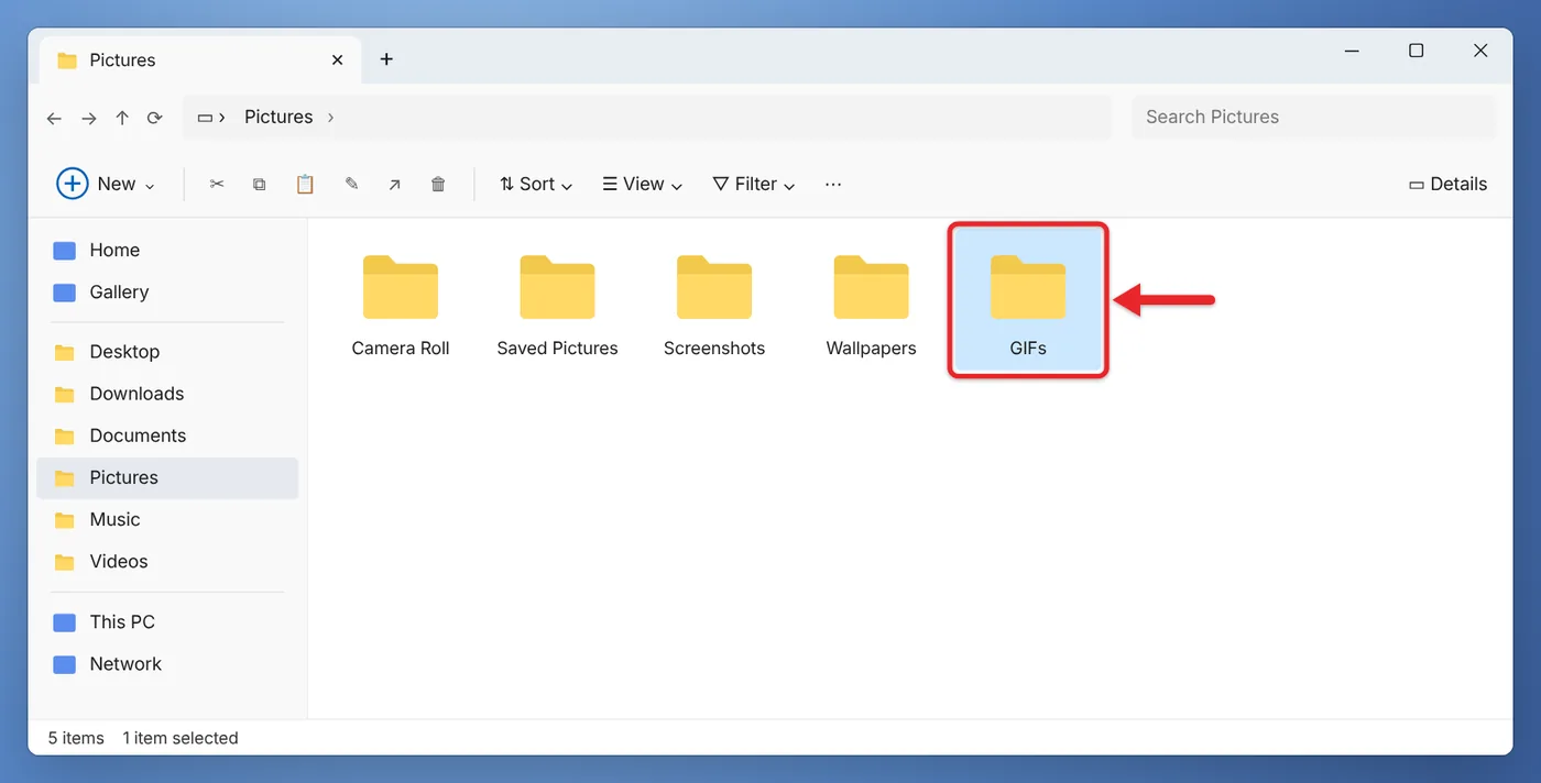 How to Make a GIF Folder on Windows 11, iPhone, and Android 2 A new folder named GIFs inside the Pictures folder in File Explorer