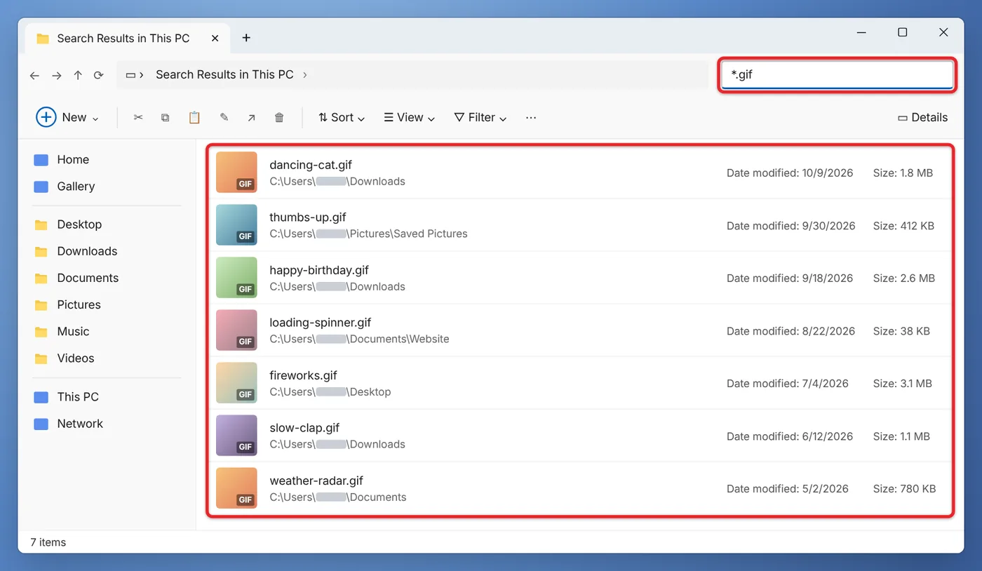 How to Make a GIF Folder on Windows 11, iPhone, and Android 3 File Explorer search results for GIF files in Windows 11