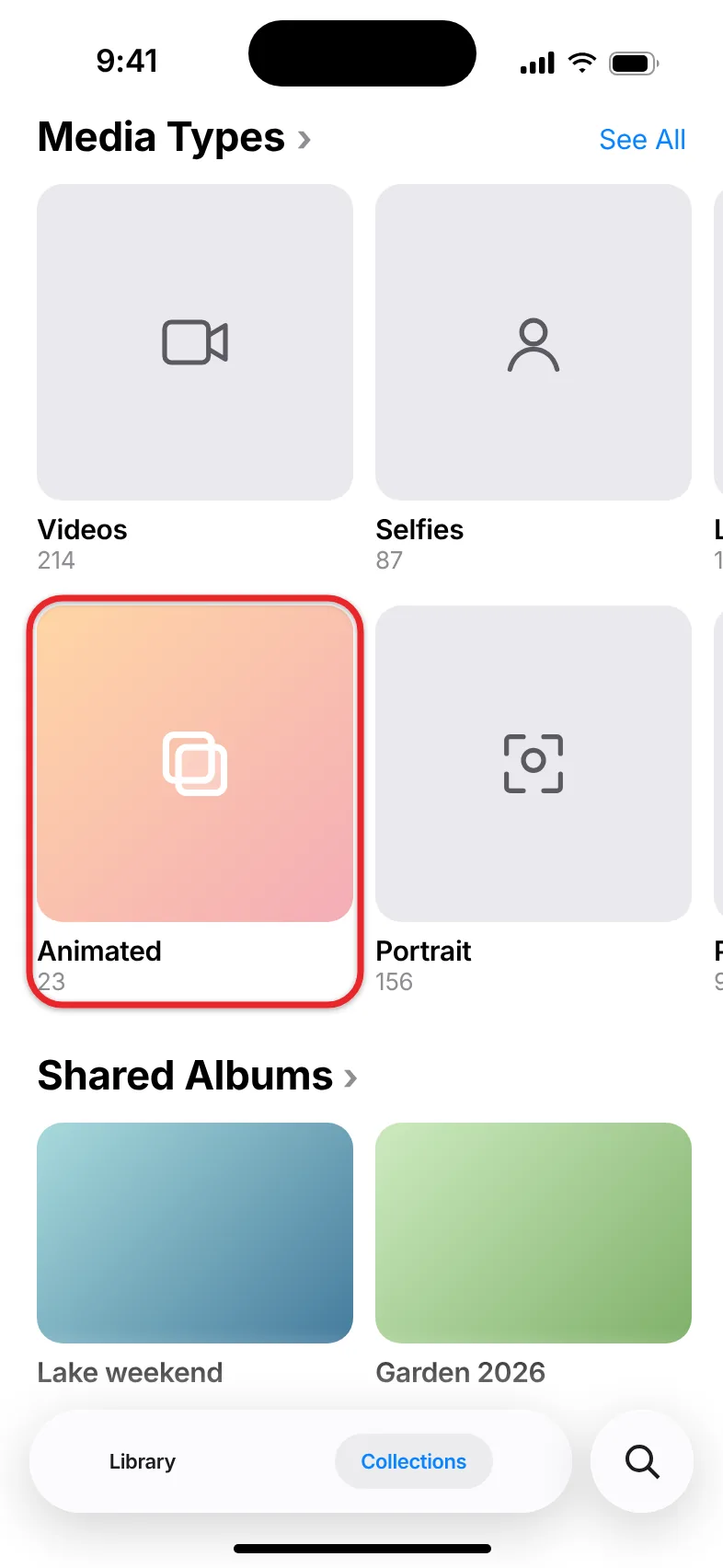 How to Make a GIF Folder on Windows 11, iPhone, and Android 4 Animated album under Media Types in the iPhone Photos app