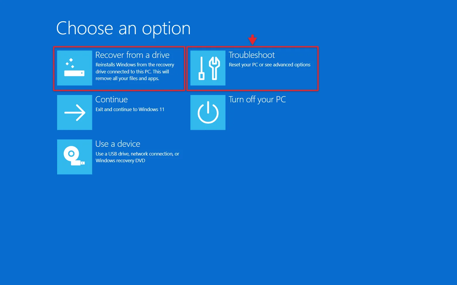 How to Make a Windows 11 Recovery USB 3 Recreated Windows recovery Choose an option screen with Recover from a drive and Troubleshoot highlighted
