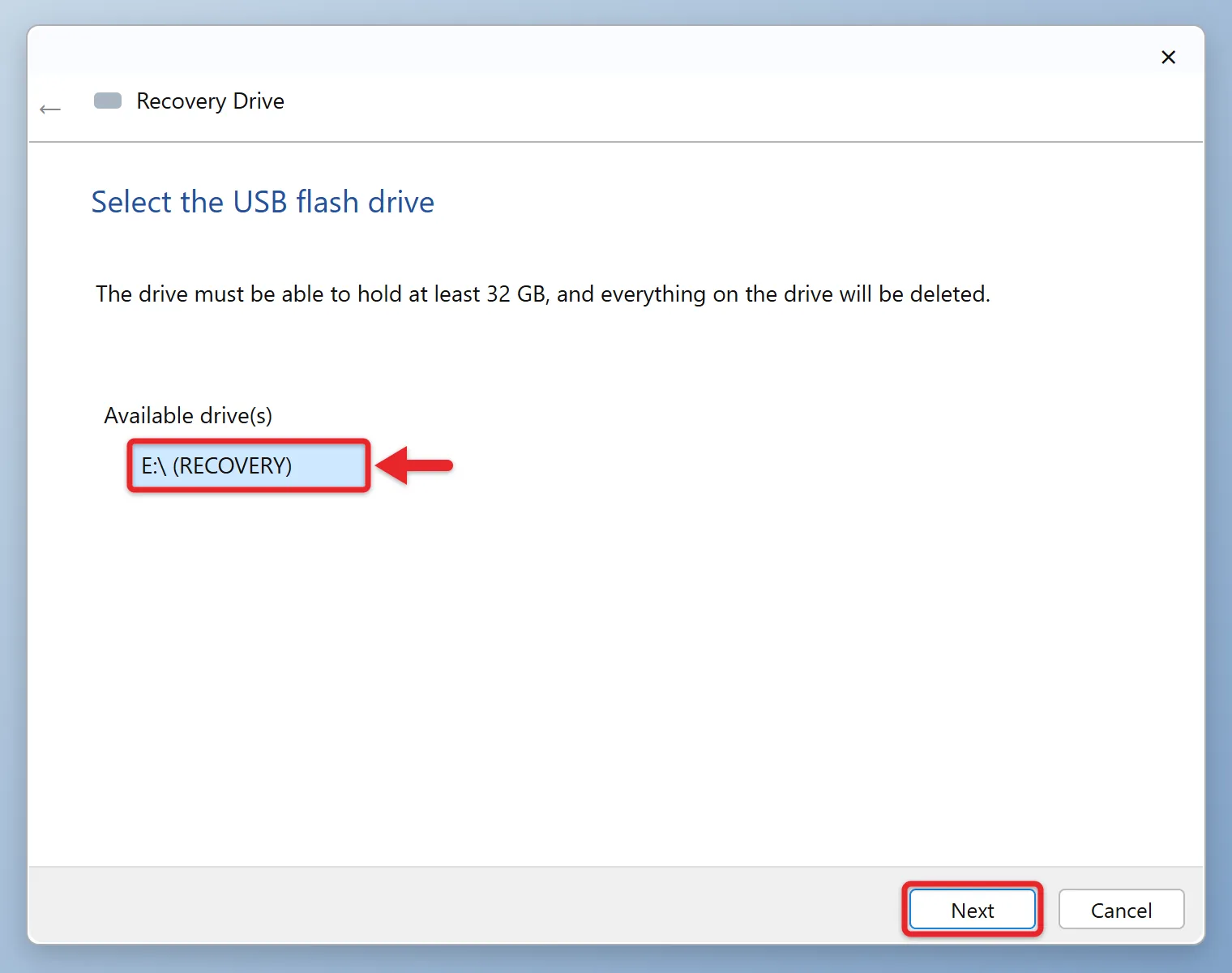 How to Make a Windows 11 Recovery USB 1 Windows 11 Recovery Drive wizard with a USB drive selected under Available drives