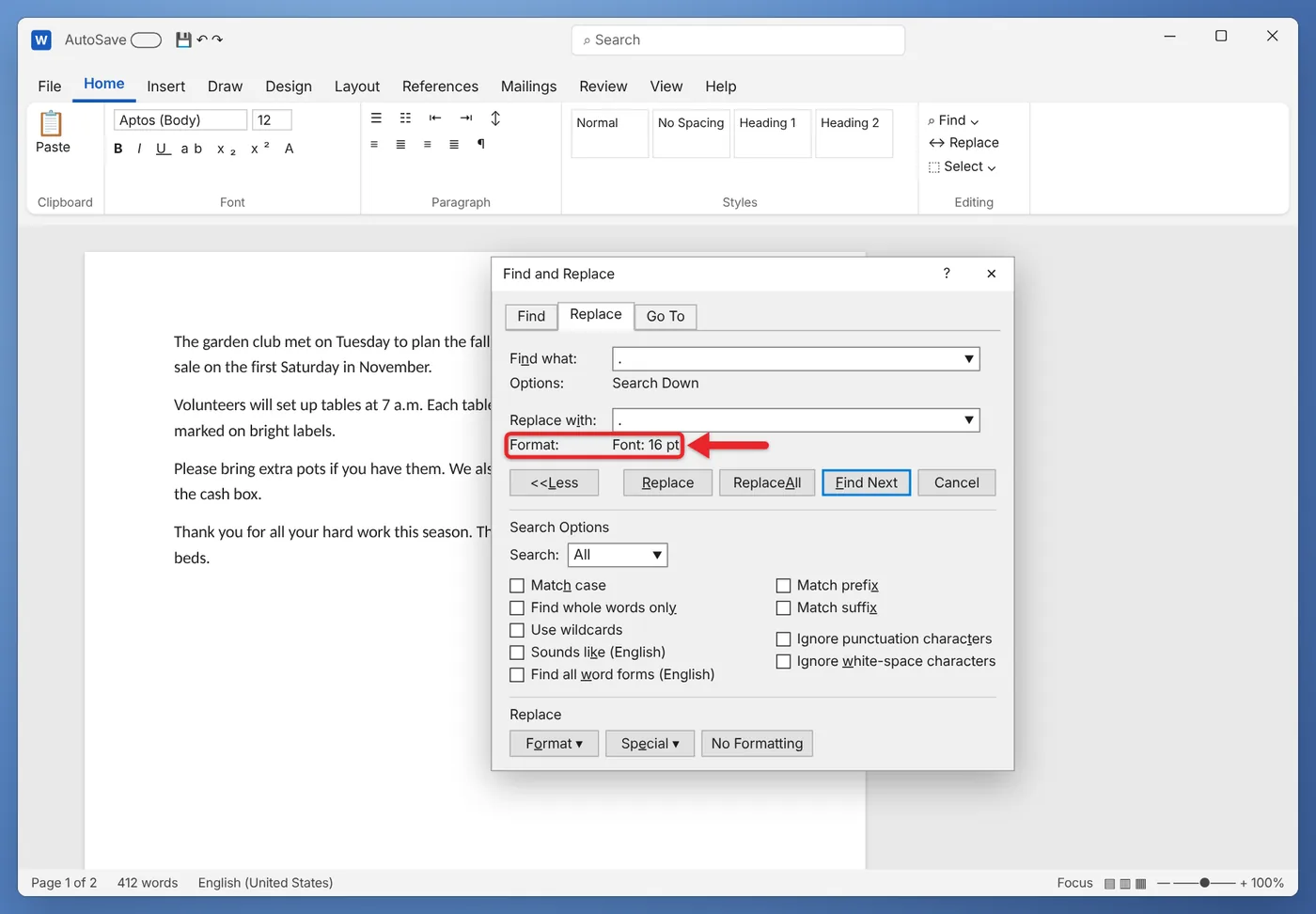 How to Make Periods Bigger in Microsoft Word 2 Find and Replace window with a period in both boxes and a 16 pt font format under Replace with
