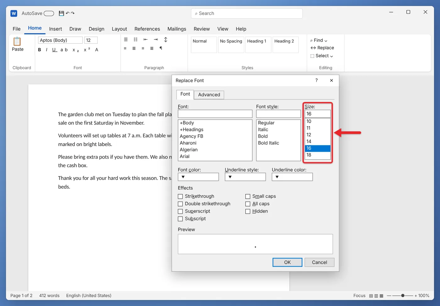How to Make Periods Bigger in Microsoft Word 1 Replace Font window with font size 16 selected