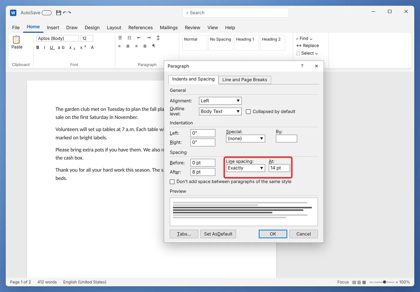 How to Make Periods Bigger in Microsoft Word 3 Paragraph window with line spacing set to Exactly 14 pt