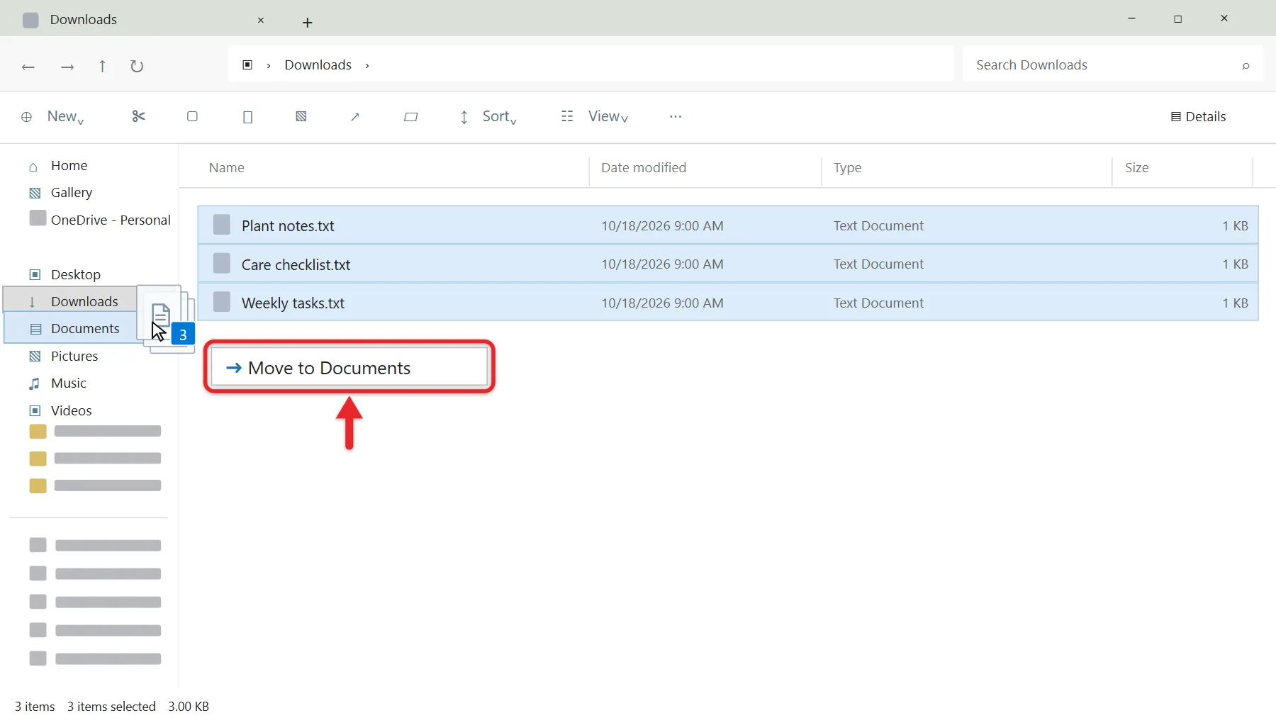 How to Move Files Instead of Copying in Windows 11 2 File Explorer drag tooltip reading Move to Documents while Shift is held