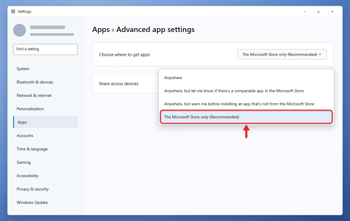 How to Only Allow Apps From the Microsoft Store in Windows 10 and 11 1 Choose where to get apps menu in Windows 11 Advanced app settings