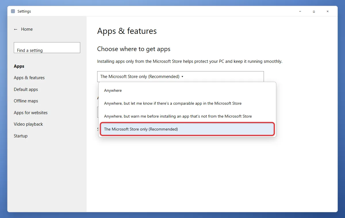 How to Only Allow Apps From the Microsoft Store in Windows 10 and 11 2 Choose where to get apps menu in Windows 10 Apps & features