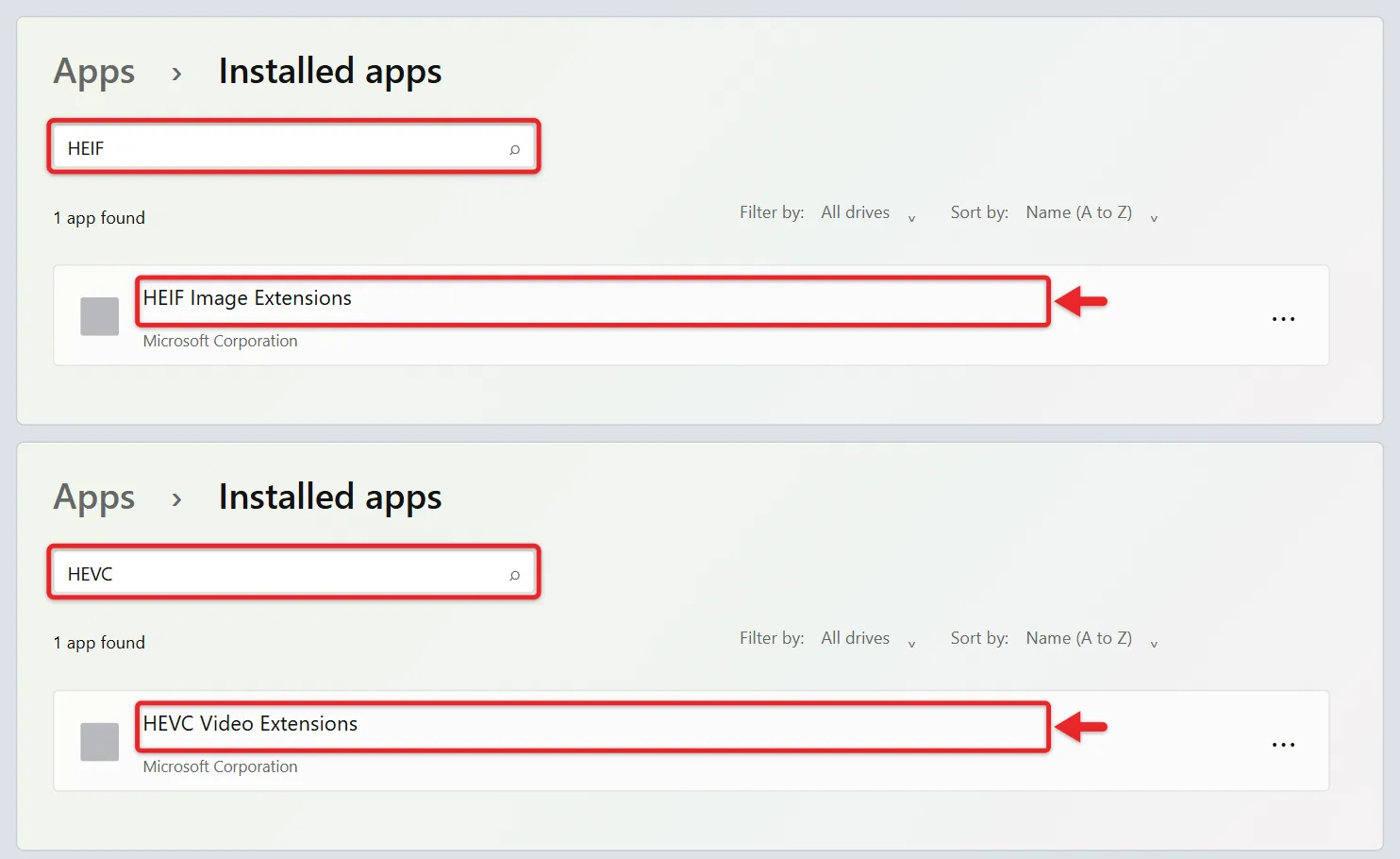 How to Open HEIC Files on Windows 11 for Free 1 Windows 11 Installed apps list filtered to show HEIF Image Extension