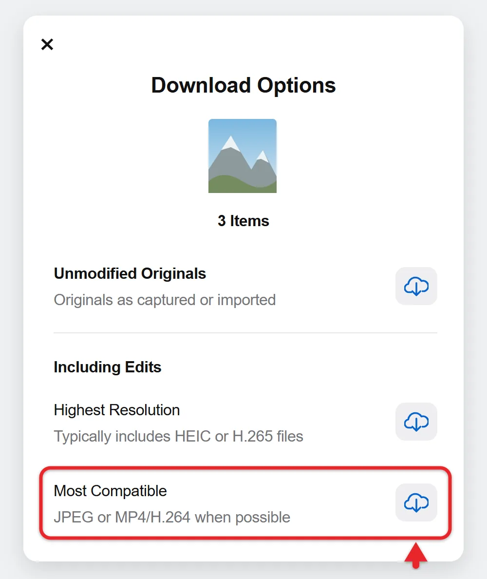 How to Open HEIC Files on Windows 11 for Free 3 iCloud Photos Download Options dialog highlighting Most Compatible and its download icon