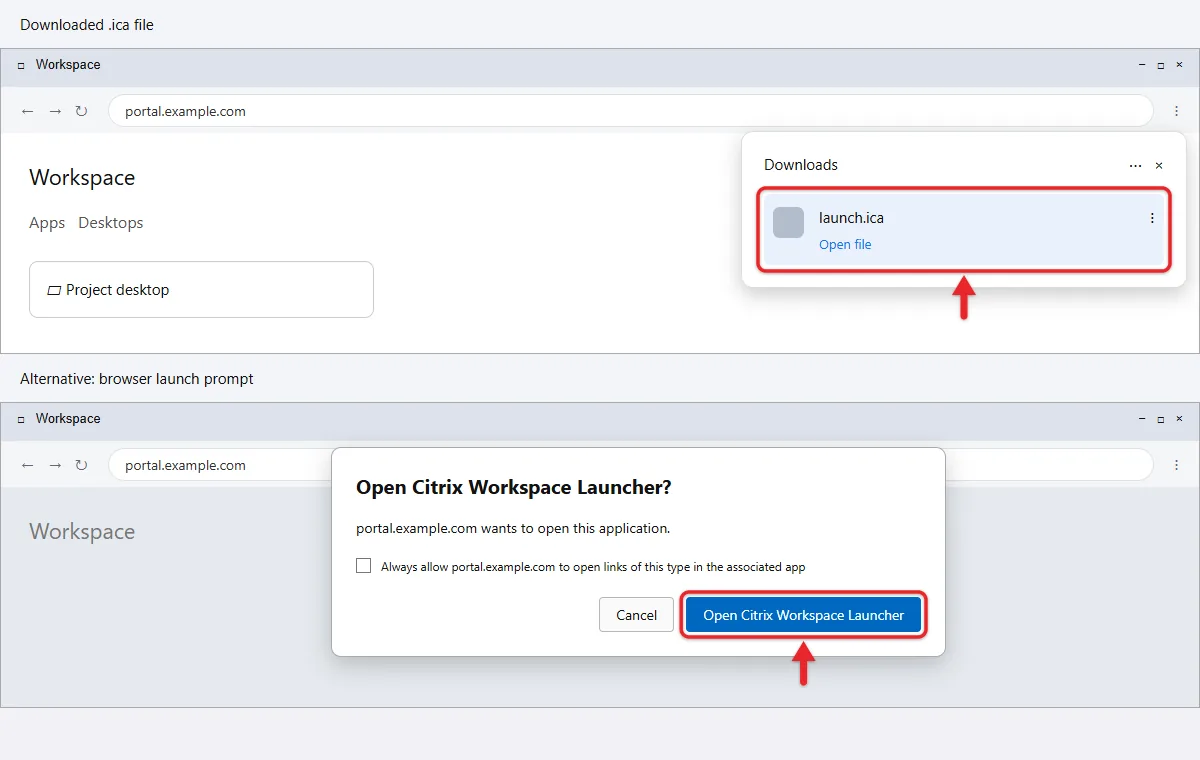 How to Open an ICA File on Windows 11 1 Browser downloads list with launch.ica and the alternative Citrix Workspace Launcher prompt
