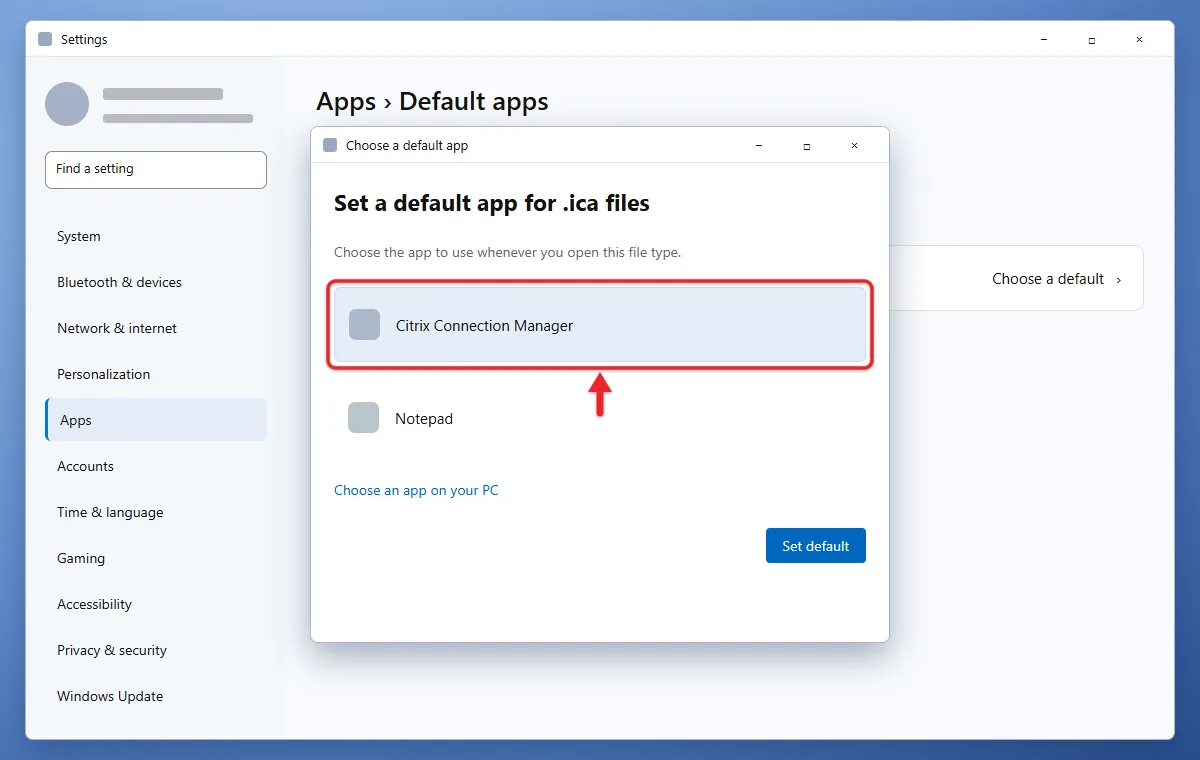 How to Open an ICA File on Windows 11 2 Windows 11 Default apps showing Citrix Connection Manager for .ica files