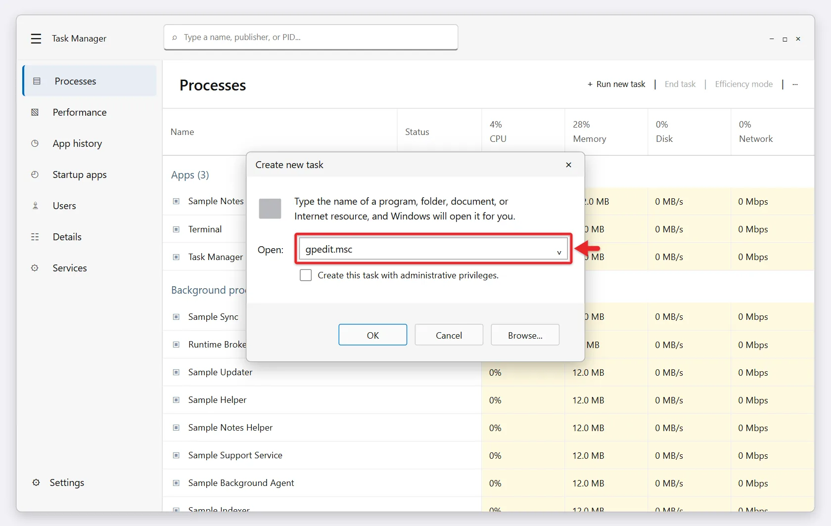 How to Open Local Group Policy Editor in Windows 11 3 Task Manager Create new task box with gpedit.msc typed