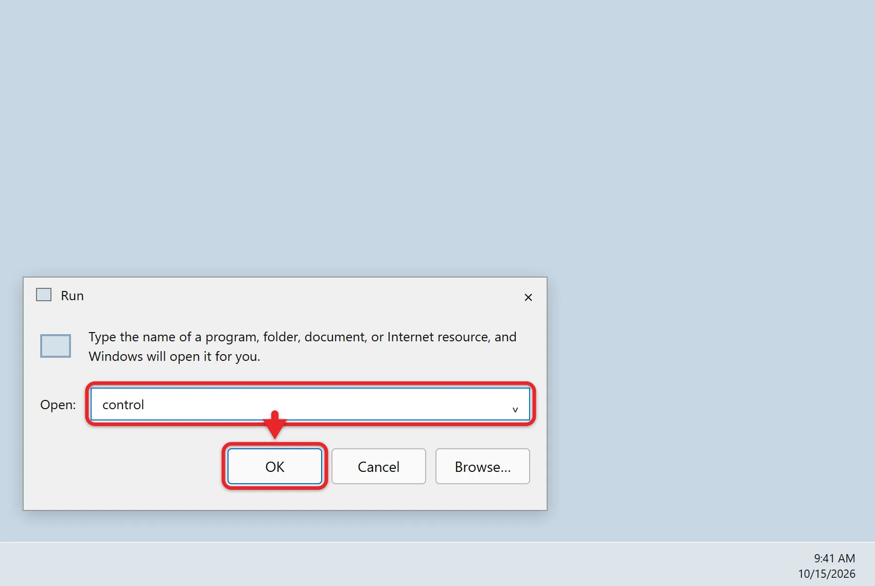 How to Open the Run Command in Windows 11 2 Windows Run box with control typed in the Open field