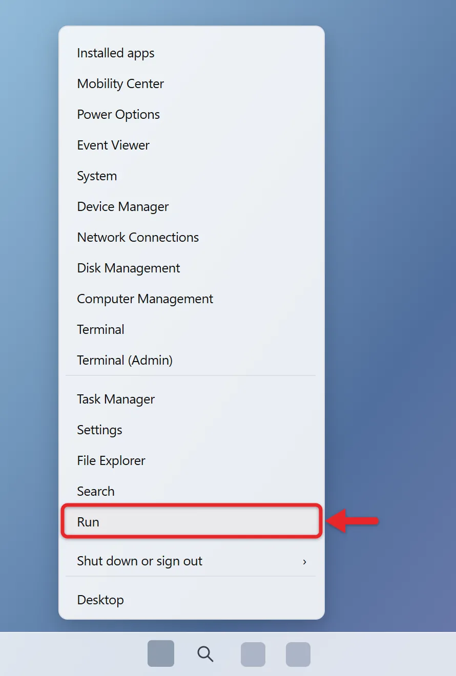 How to Open the Run Command in Windows 11 3 Windows power user menu opened from Start with Run in the list