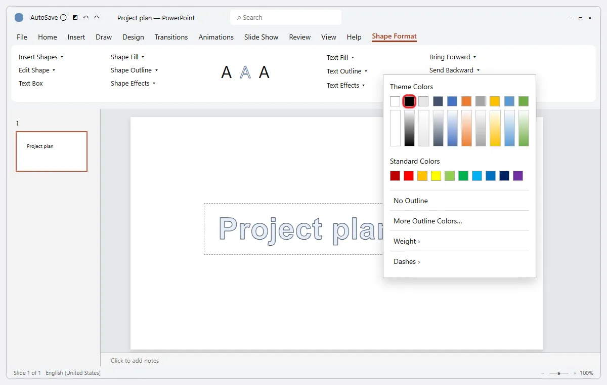 How to Outline Text in PowerPoint 1 PowerPoint Text Outline menu open on the Shape Format tab