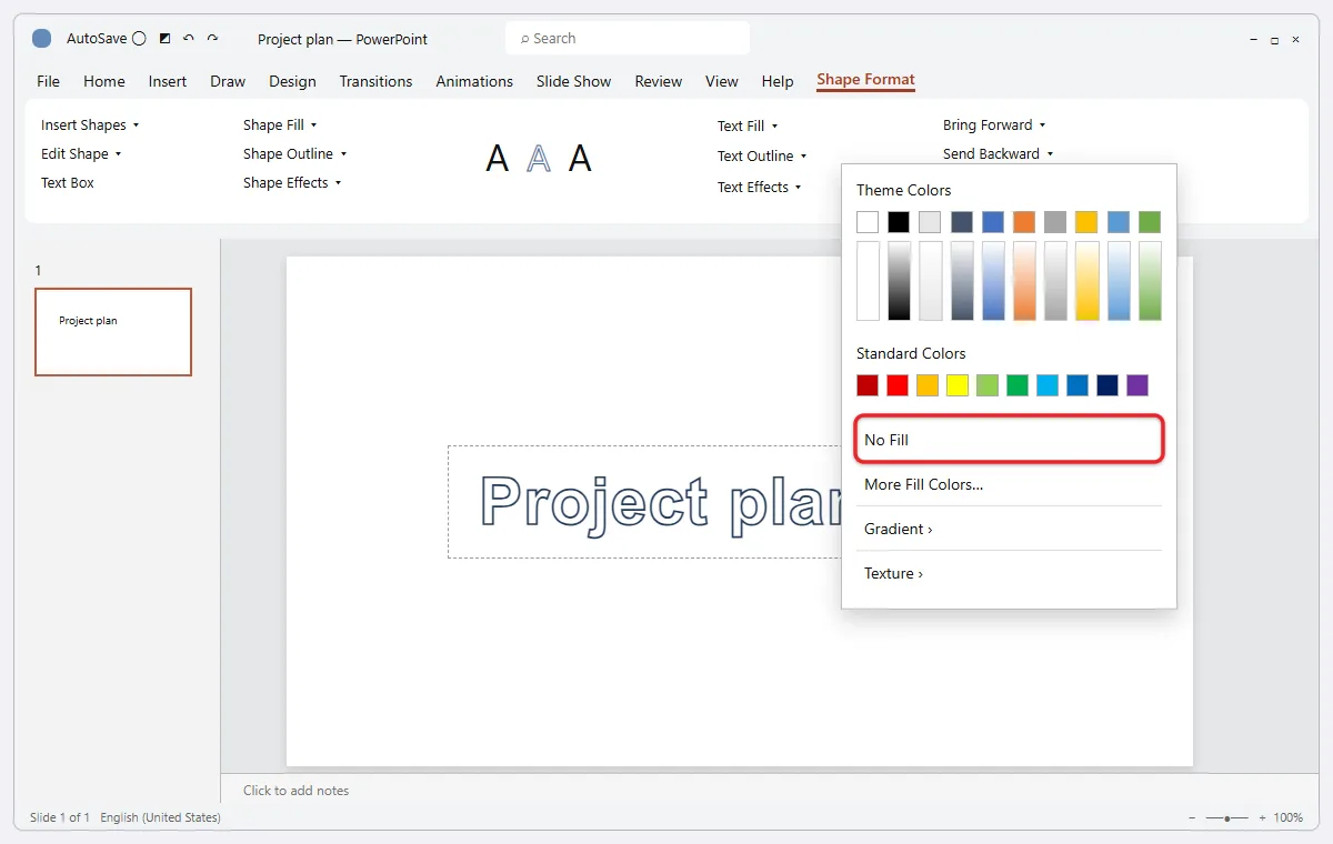 How to Outline Text in PowerPoint 2 Hollow outlined title text in PowerPoint with Text Fill set to No Fill