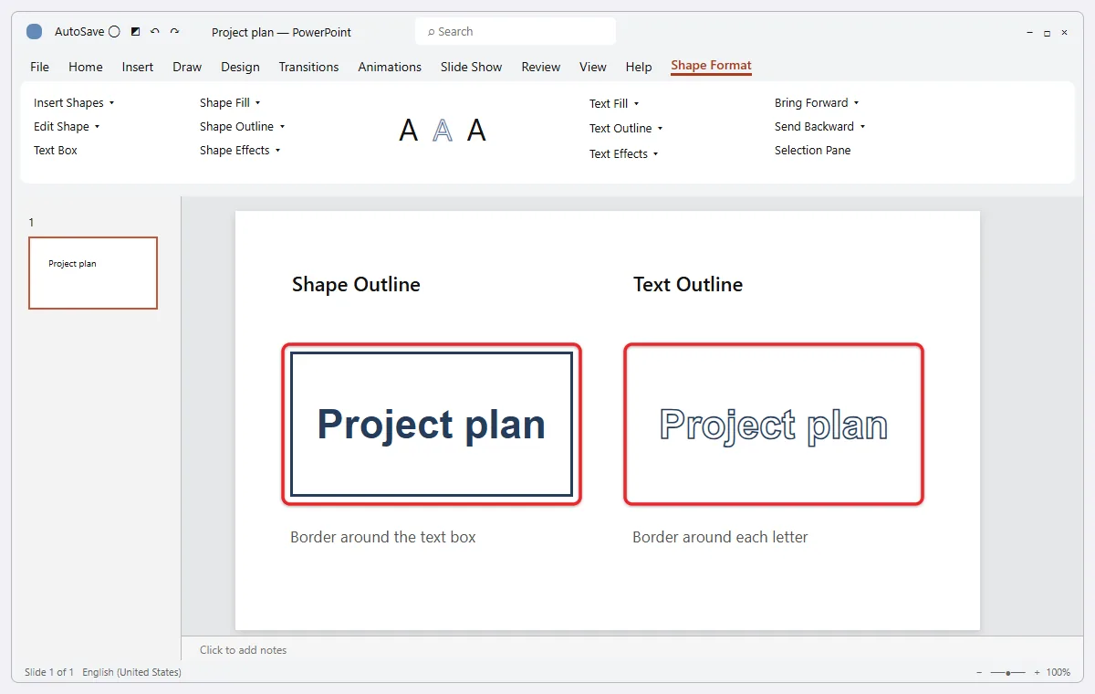 How to Outline Text in PowerPoint 3 Comparison of Shape Outline around a text box and Text Outline around letters