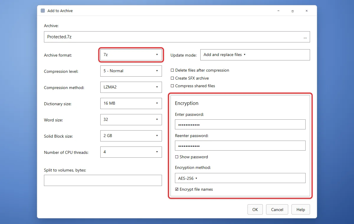 How to Password Protect a Folder in Windows 11 1 7-Zip Add to Archive window with 7z format, AES-256 and Encrypt file names selected