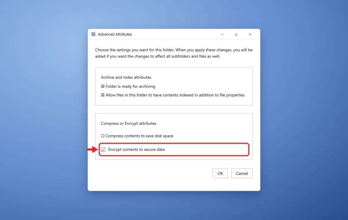 How to Password Protect a Folder in Windows 11 3 Advanced Attributes dialog with Encrypt contents to secure data checked