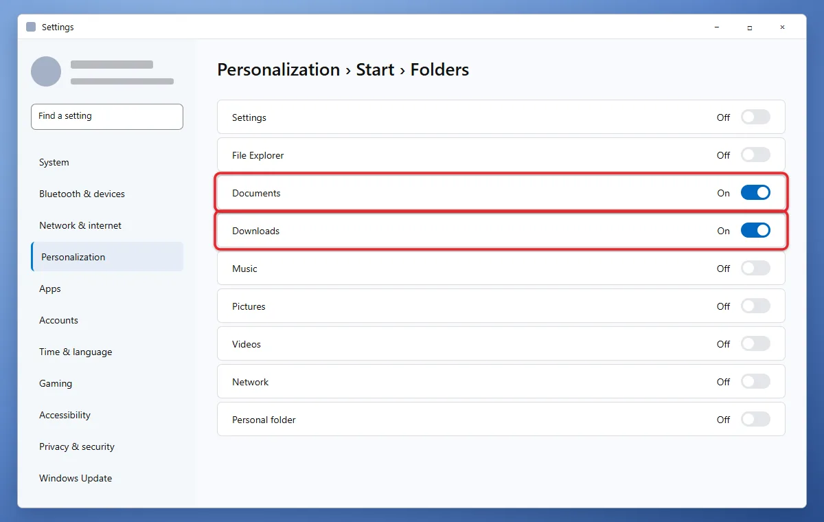 How to Personalize Start Folders in Windows 11 and Windows 10 1 Windows 11 Start Folders settings with Documents and Downloads turned on