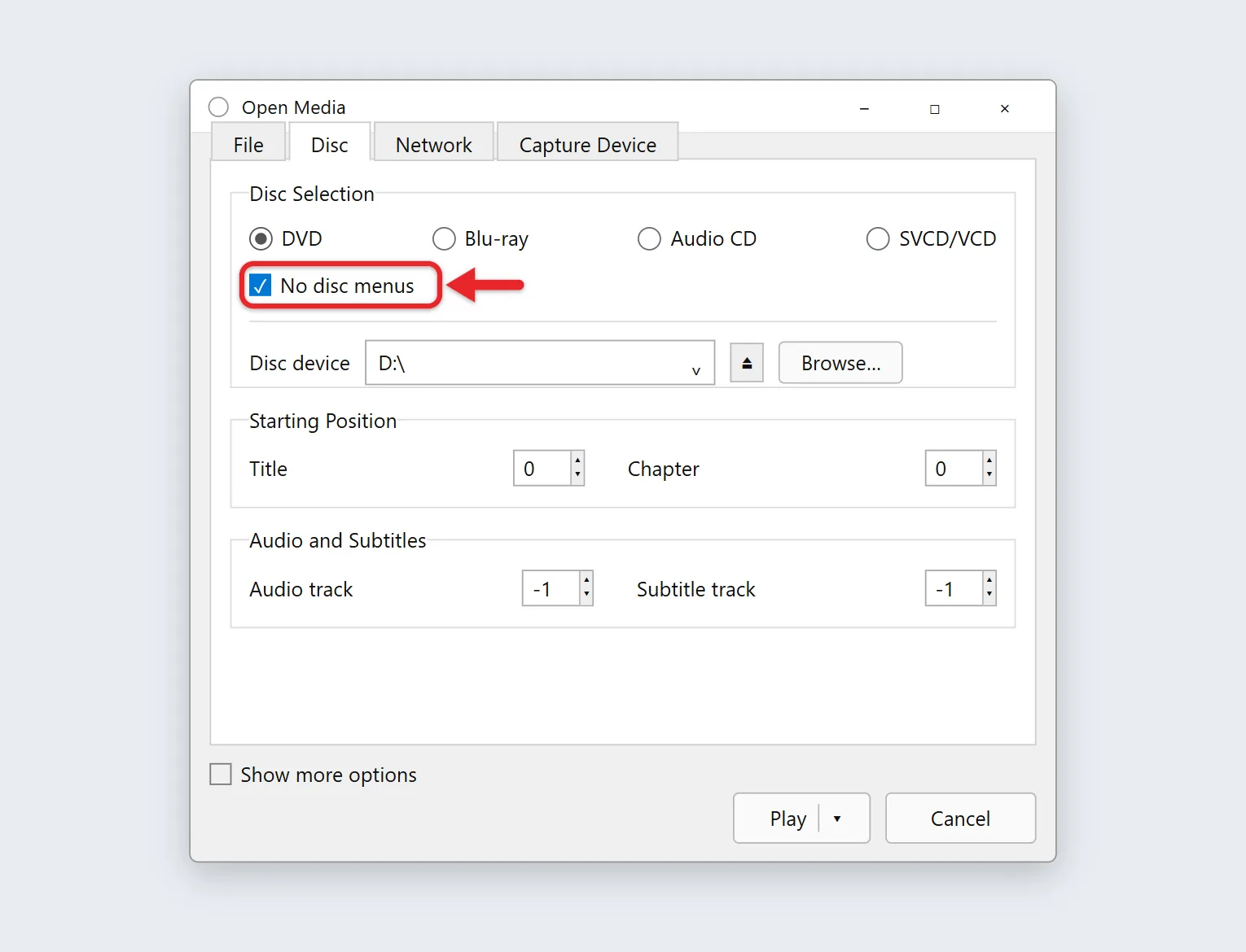 How to Play a DVD on Windows 11 3 VLC Open Media Disc tab with No disc menus checked