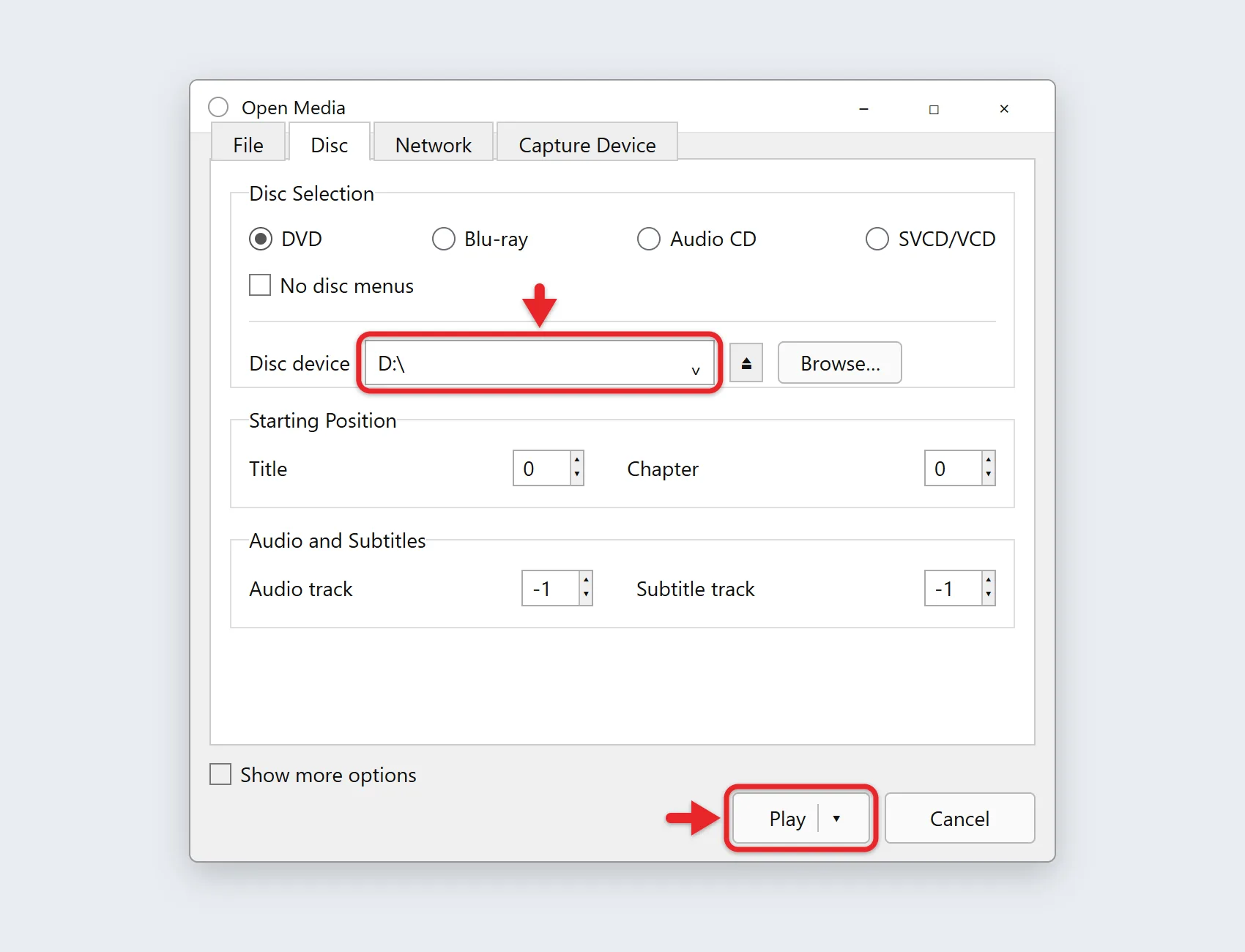 How to Play a DVD on Windows 11 2 VLC Open Media window on the Disc tab with DVD selected and the Play button
