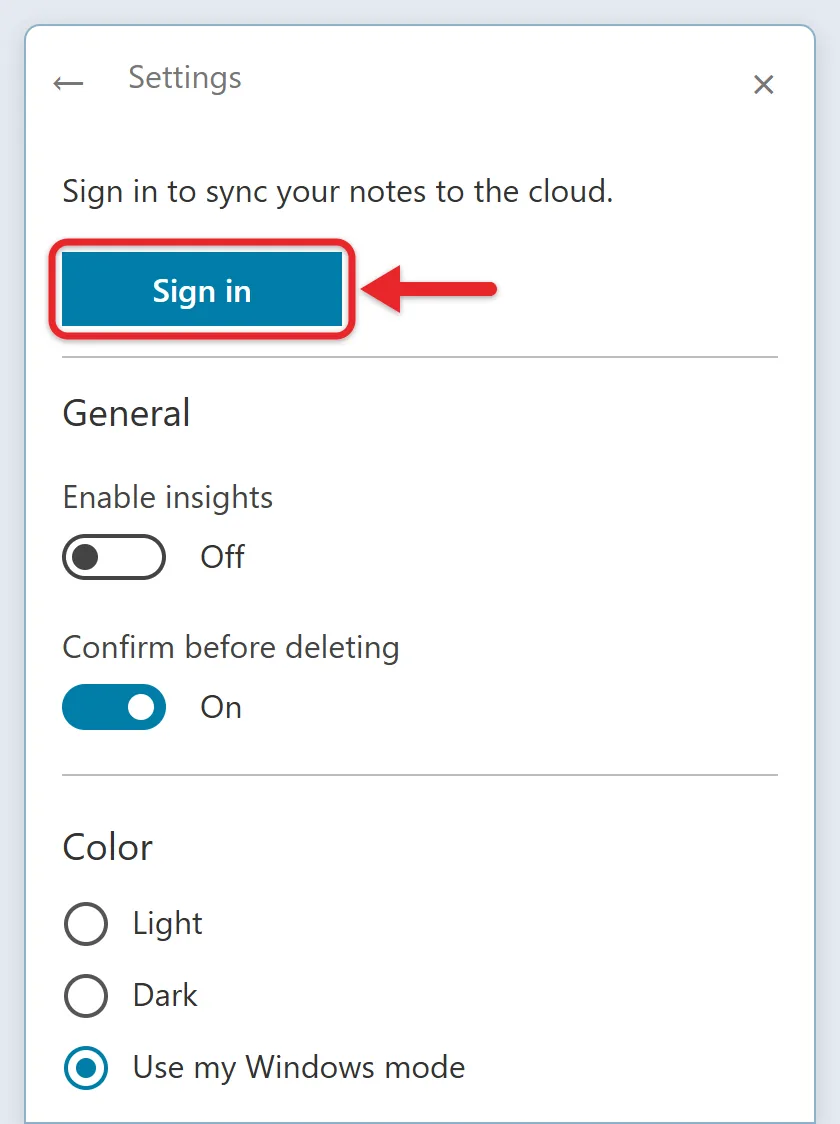 How to Put Sticky Notes on the Desktop in Windows 11 3 Sticky Notes Settings page with Sign in and Confirm before deleting options