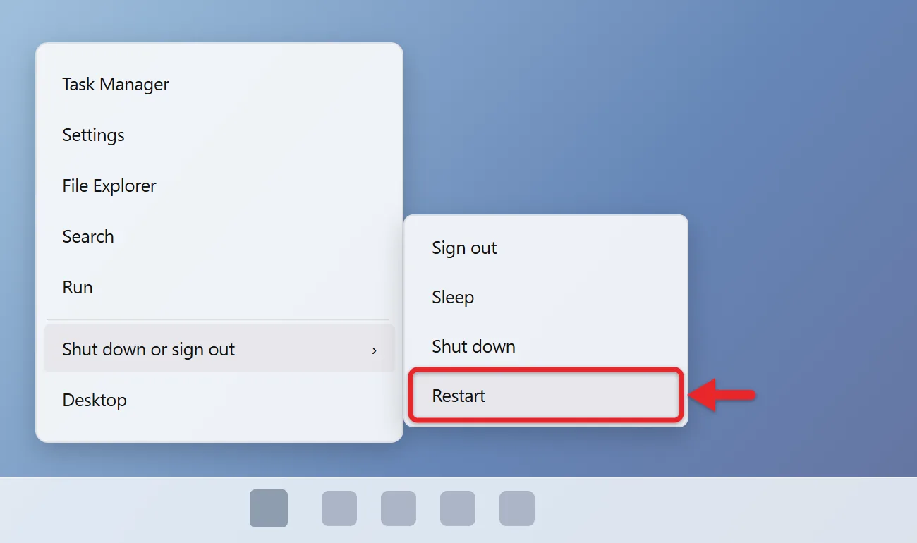 How to Restart Windows 11 2 Windows 11 Start button menu with Shut down or sign out expanded and Restart highlighted