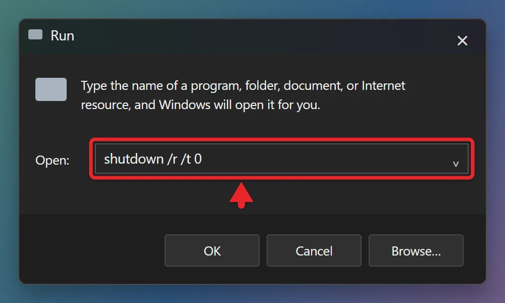 How to Restart Windows 11 4 Windows 11 Run box with the command shutdown /r /t 0 typed in
