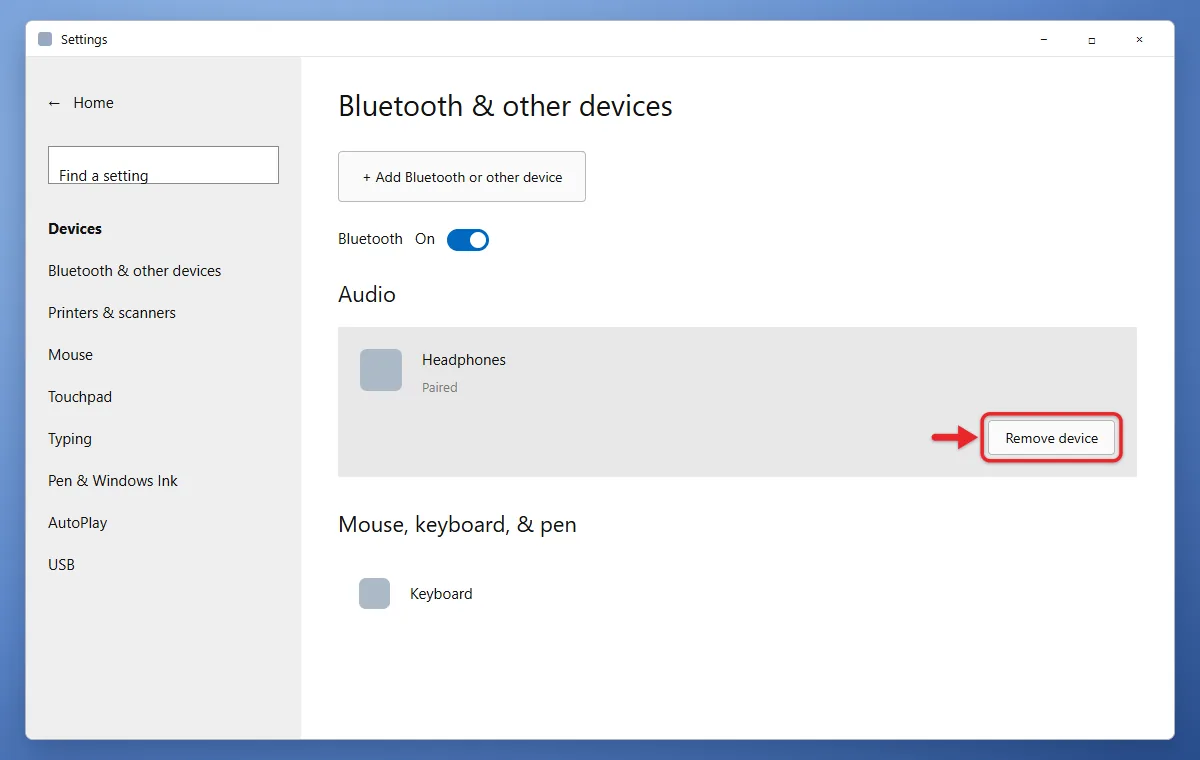 How to Remove a Paired Bluetooth Device in Windows 10 and Windows 11 1 Windows 10 Bluetooth & other devices page with Remove device button