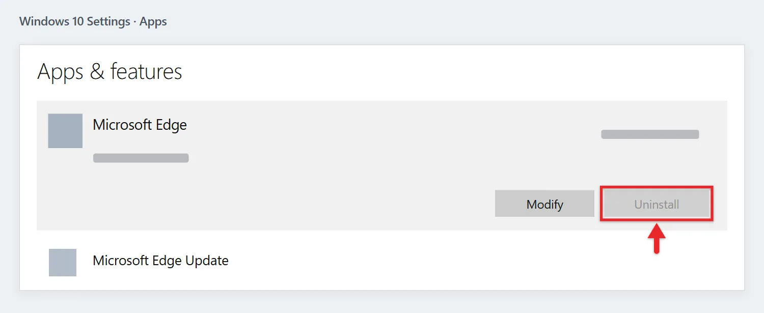 How to Remove Edge From Windows 10 1 Windows 10 Apps & features with Microsoft Edge selected and a grayed-out Uninstall button