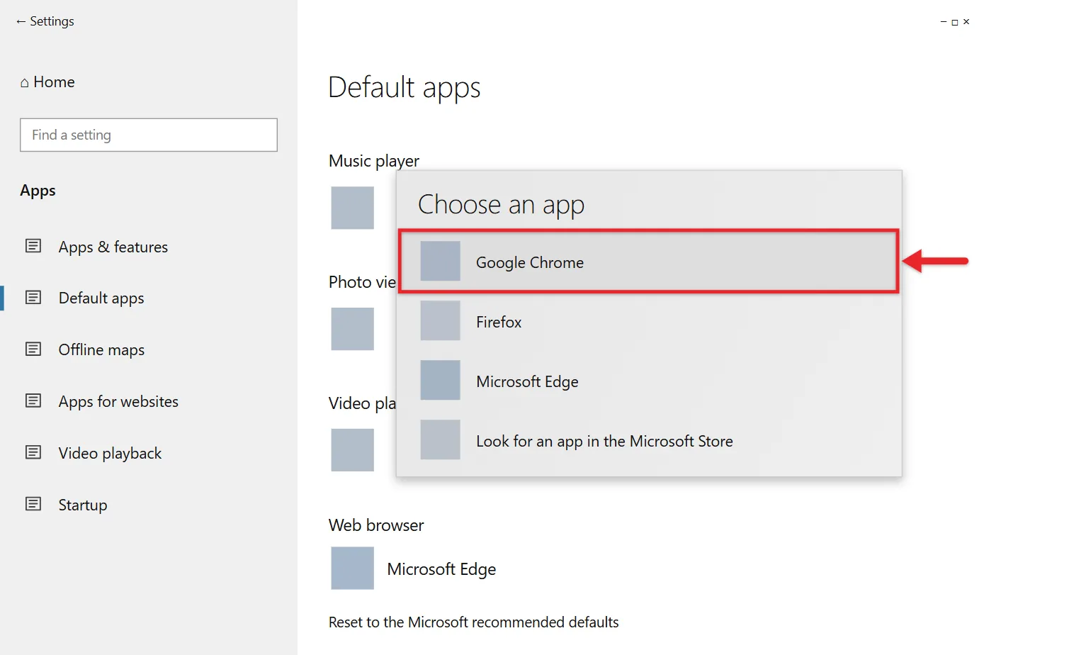 How to Remove Edge From Windows 10 2 Windows 10 Default apps page with the Choose an app list open under Web browser