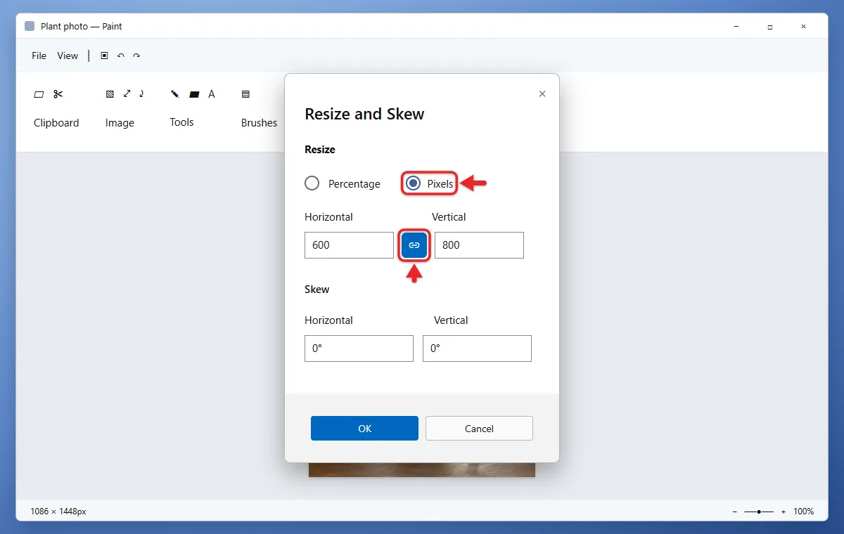 How to Resize an Image in Microsoft Paint 2 Paint Resize and skew dialog with Pixels selected and the aspect ratio link turned on