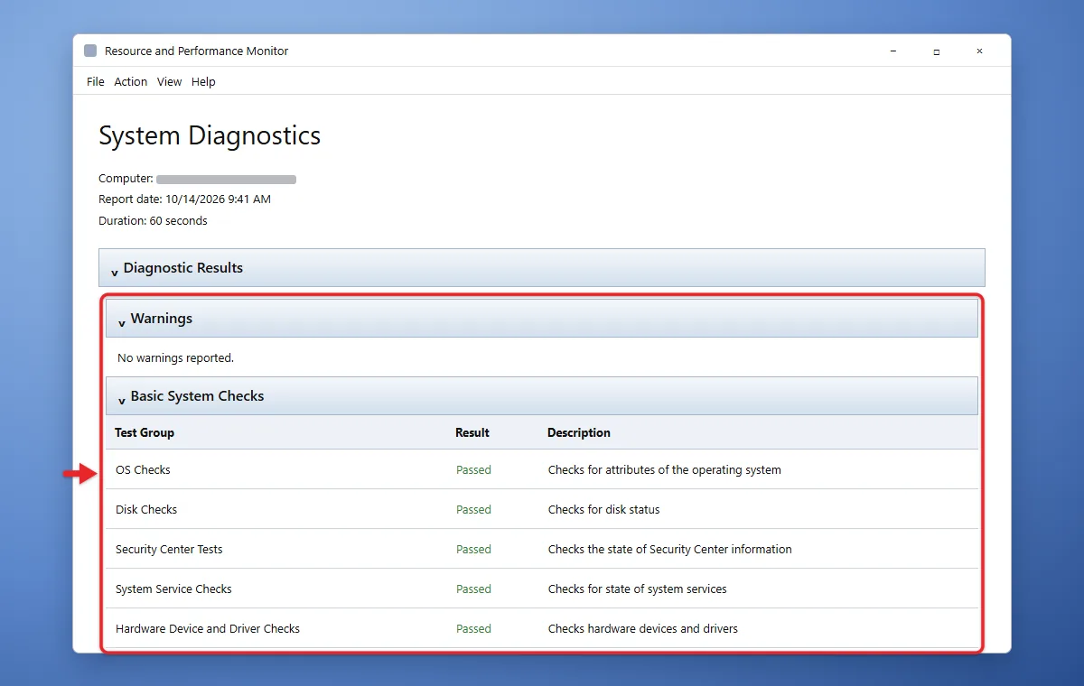 How to Run System Diagnostics on Windows 11 1 Windows 11 System Diagnostics report showing warnings and basic system checks