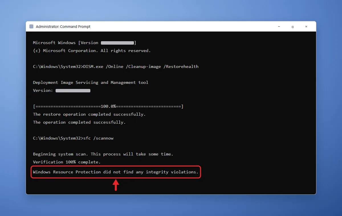 How to Run System Diagnostics on Windows 11 2 Command Prompt showing DISM and sfc /scannow results