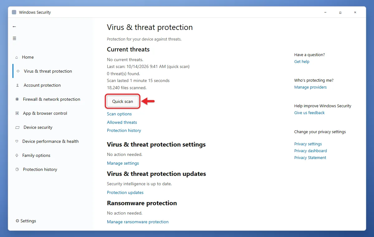 How to Run a Windows Defender Scan on Windows 11 1 Windows Security Virus & threat protection page with the Quick scan button