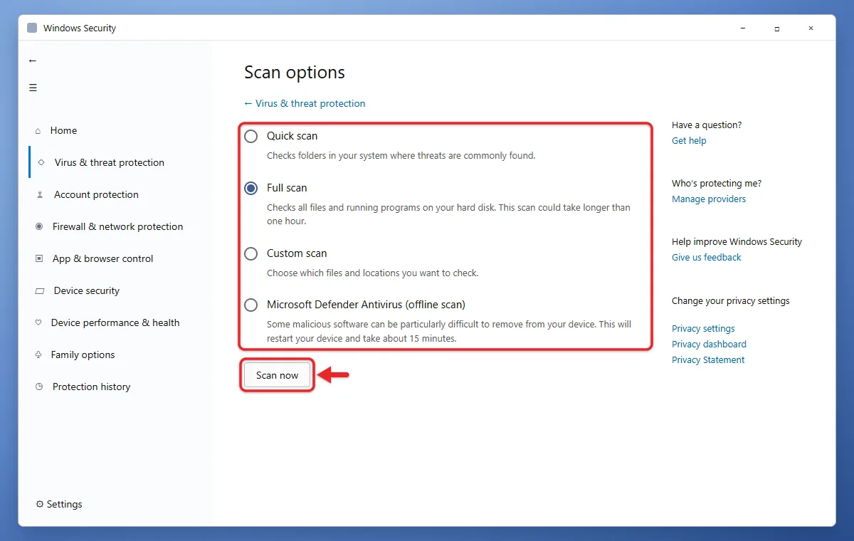 How to Run a Windows Defender Scan on Windows 11 2 Windows Security scan options with Full scan, Custom scan and offline scan