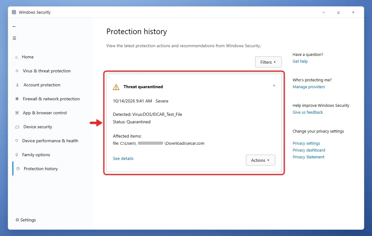 How to Run a Windows Defender Scan on Windows 11 3 Protection history in Windows Security showing a quarantined threat