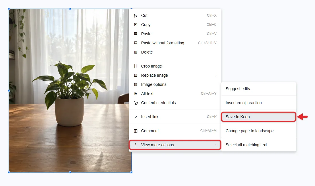How to Save an Image From Google Docs 2 Google Docs right-click menu on a selected image with Save to Keep highlighted