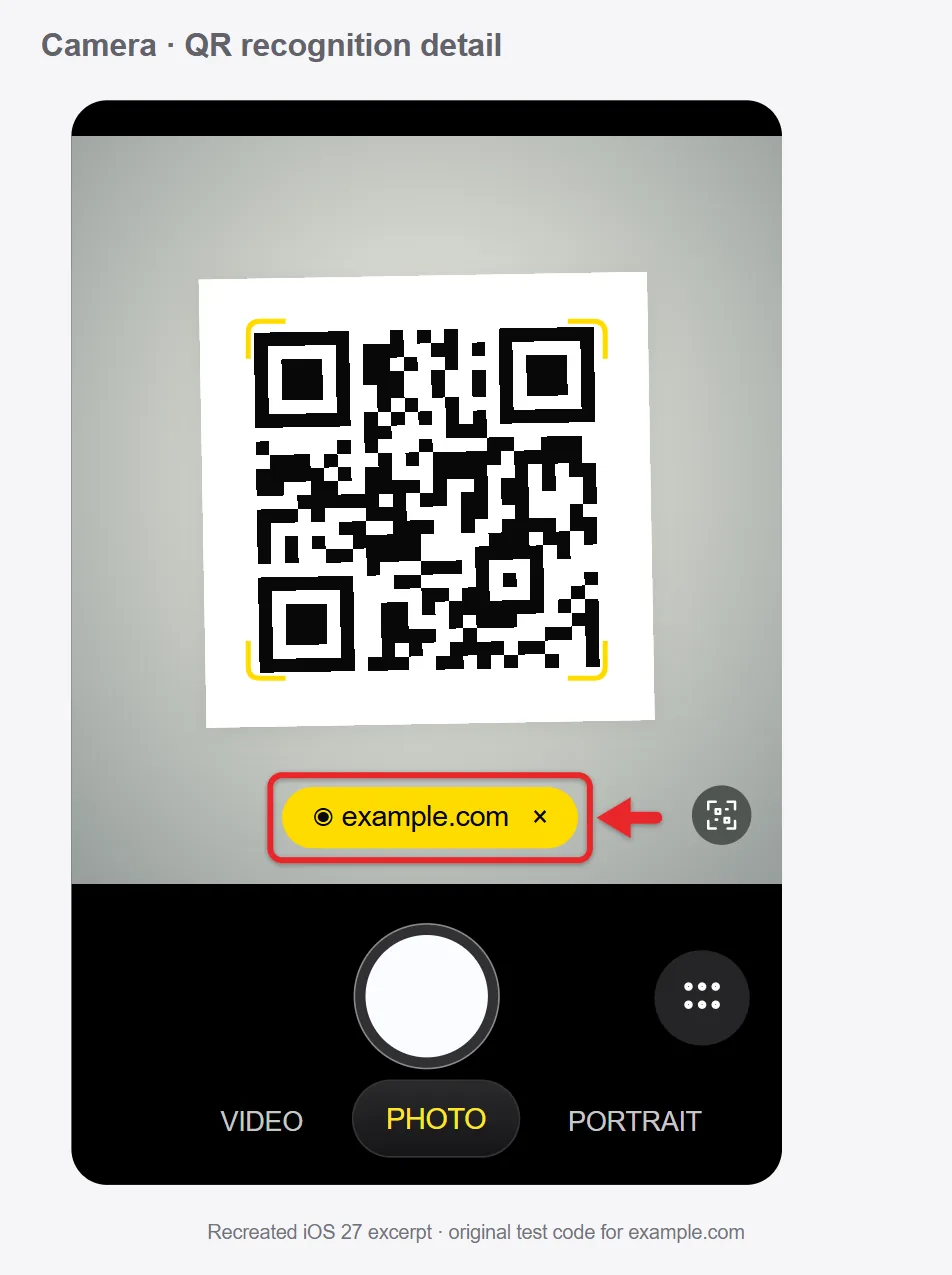 How to Scan a QR Code on an iPhone or iPad 1 Recreated iPhone Camera Photo-mode detail with a test QR code framed in yellow and the example.com link highlighted